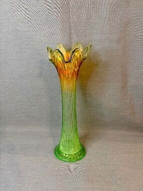 Northwood Carnival Glass Marigold Green Ribbed Swung Vase Vintage 12 inches